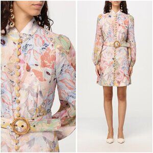 Zimmermann Illustration Buttoned Belted Floral Linen Mini Dress   size 0